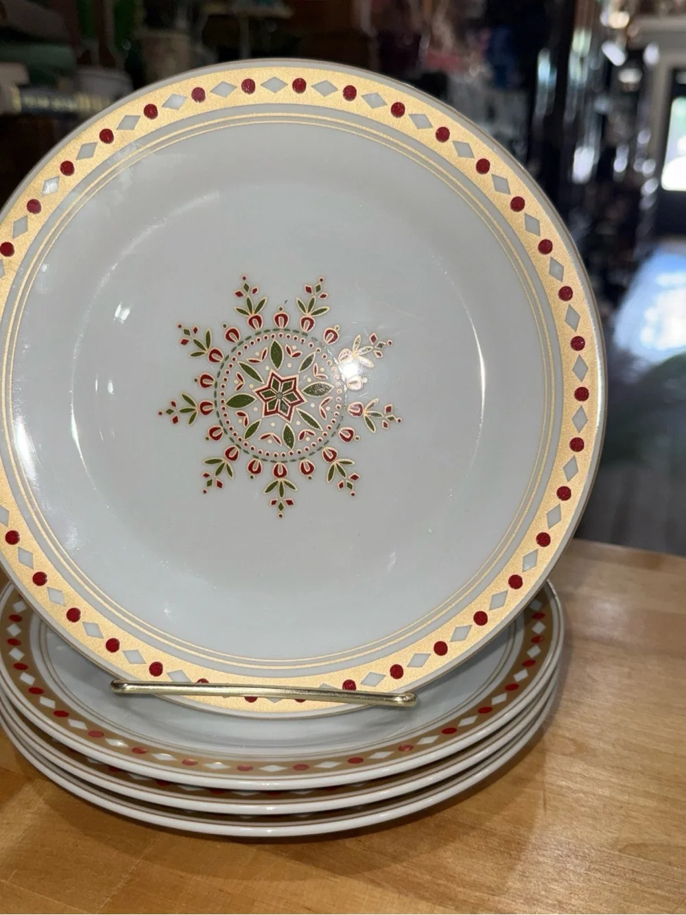 Pier 1 White Dinner Plates with Red and Gold Starburst Motif